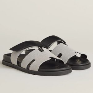 Hermes Men's Chypre Sandals In Canvas with Black Leather