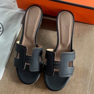 Hermes Oasis Sandals in Black Perforated Epsom Leather