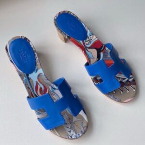 Hermes Oasis Sandals in Blue Swift Leather with Botanique Printed